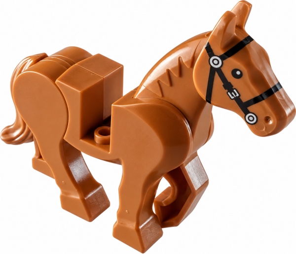 LEGO® Pferd in Dark Orange mit bedrucktem schwarzem Zaumzeug – seitliche Vorderansicht